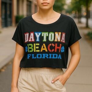 Vintage Y2K Women size S Daytona Beach Florida Graphic Spell-out Black Crop Top